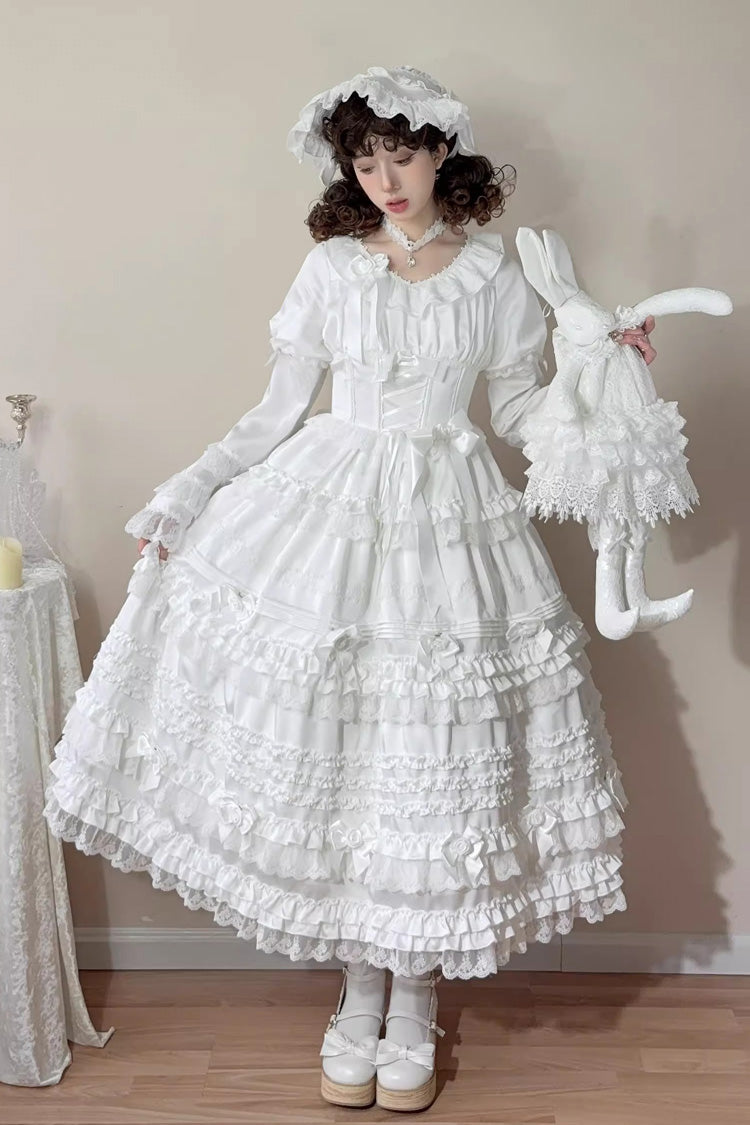 White Layered Buttercream Frosting Short Sleeves Ruffle Bowknot Lace Sweet Lolita Dress