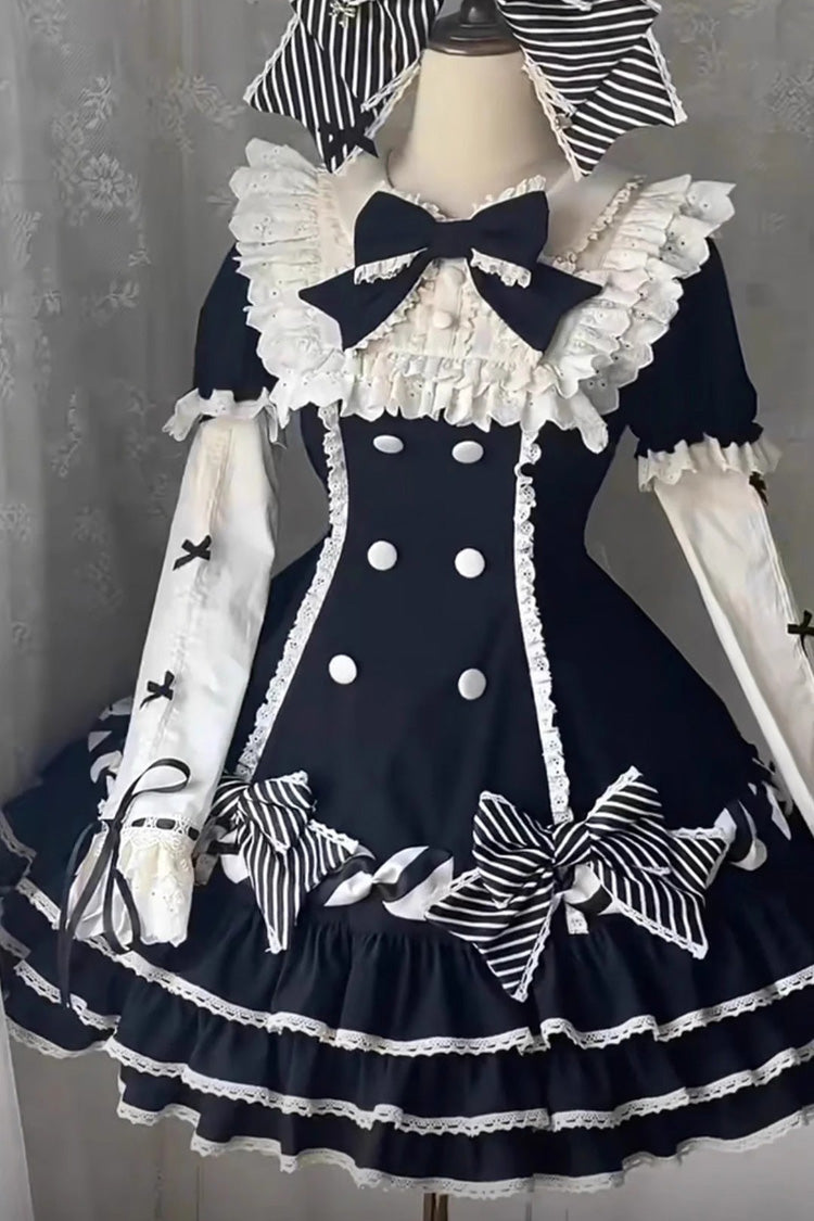 Black Striped Layered Short Sleeves Multi-Layered Ruffle Bowknot Sweet Princess Lolita Tiered Dress