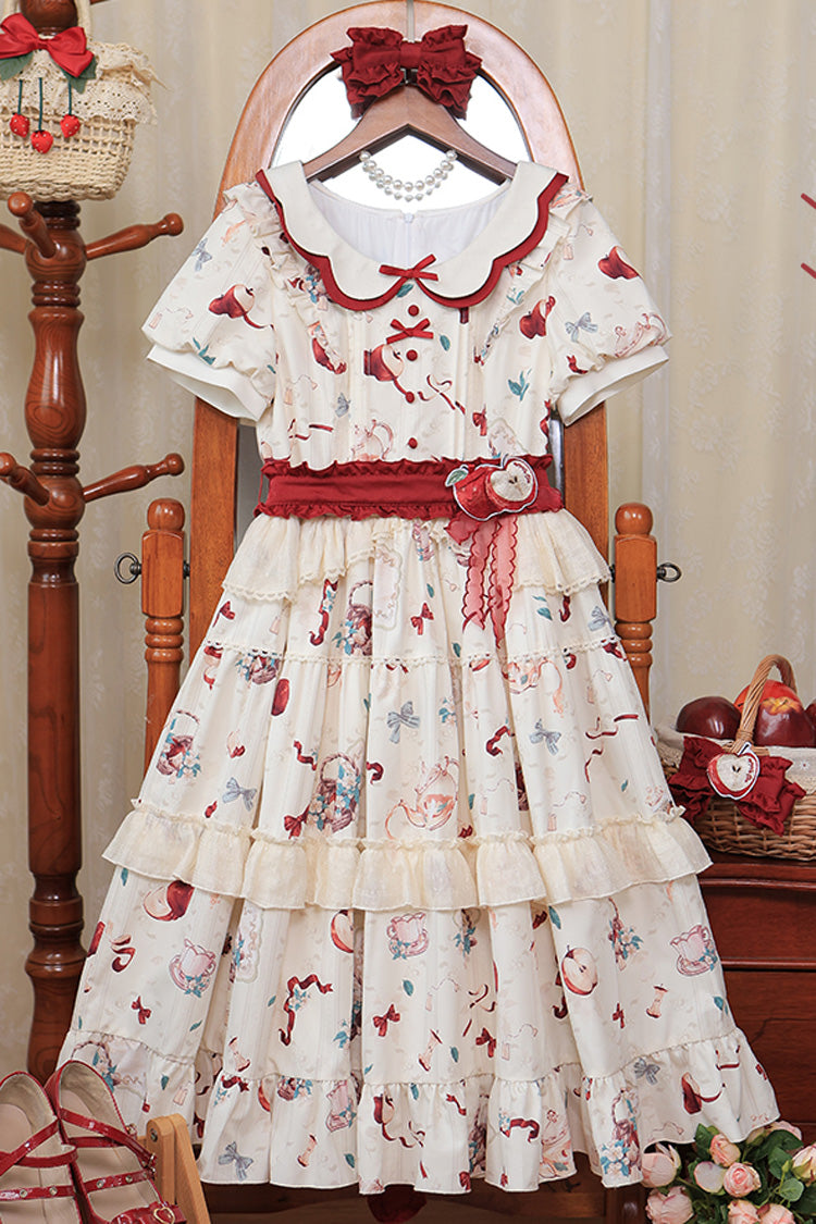 White Apple Tea Print Short Sleeves Country Style Ruffle Bowknot Sweet Lolita Dress