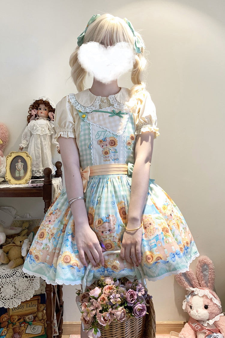 Kawaii Bears Sunflower Print Multi-Color Bowknot Sweet Lolita Strap Dress