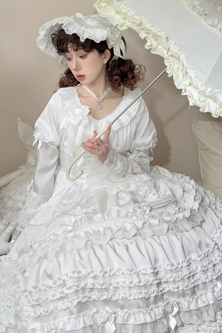 White Layered Buttercream Frosting Short Sleeves Ruffle Bowknot Lace Sweet Lolita Dress