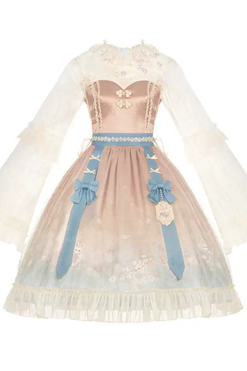 Pink Round Collar Trumpet Sleeves Rabbit Embroidery Print High Waisted Sweet Lolita OP Dress