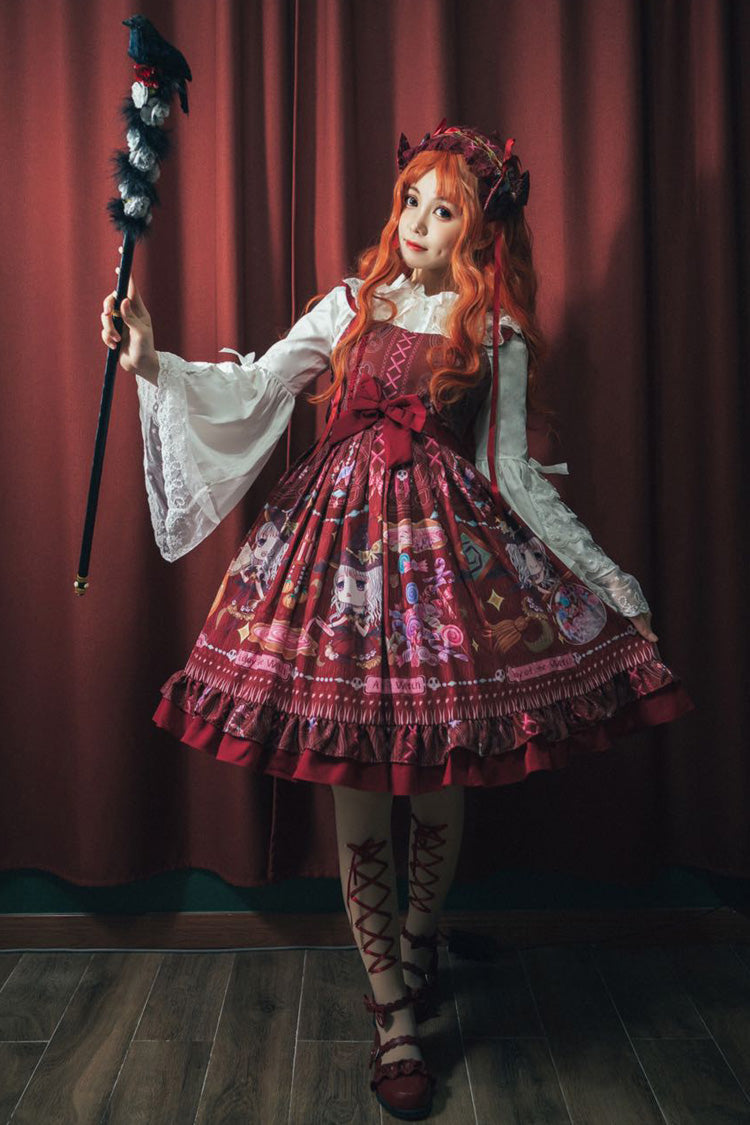 Red Little Witch Sleeveless Print Ruffle Bowknot Sweet Elegant Lolita Jsk Dress