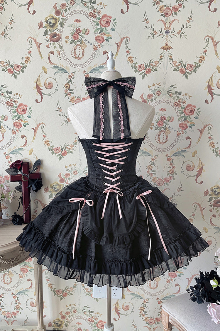Black/Pink Tube Top Sleeveless Ruffle Bowknot Gothic Lolita Jsk Tiered Dress