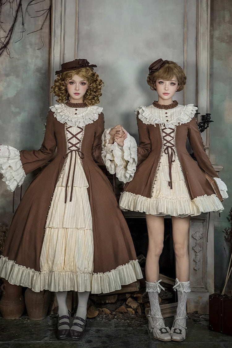 Brown/Beige Nutcracker Stand Collar Long Trumpet Sleeves Ruffle Cardigan Bowknot Lace-Up Sweet Lolita Dress Set 2 Versions