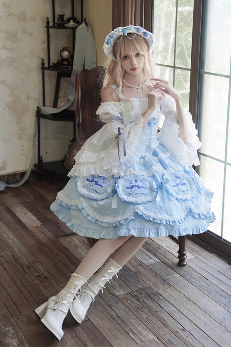 Blue Butterfly Dream Multi-Layered Print Ruffle Bowknot Sweet Princess Lolita Jsk Dress