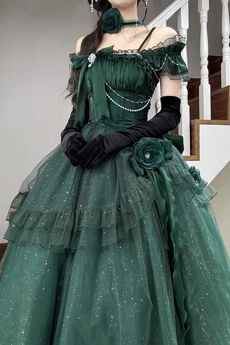 Green Bright Stars Off Shoulder Ruffle Bowknot Asymmetric Sweet Elegant Princess Lolita Dress