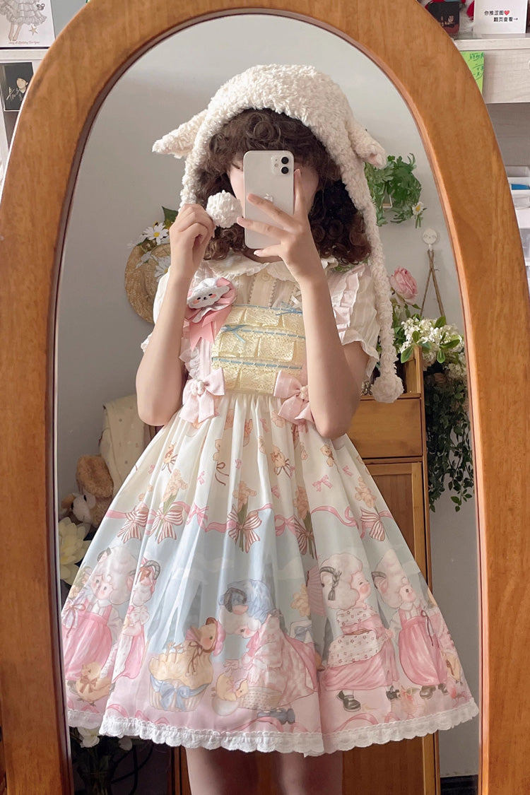 Blue/Pink Sheep Waltz Print Ruffle Bowknot Lace Sweet Lolita Jsk Dress
