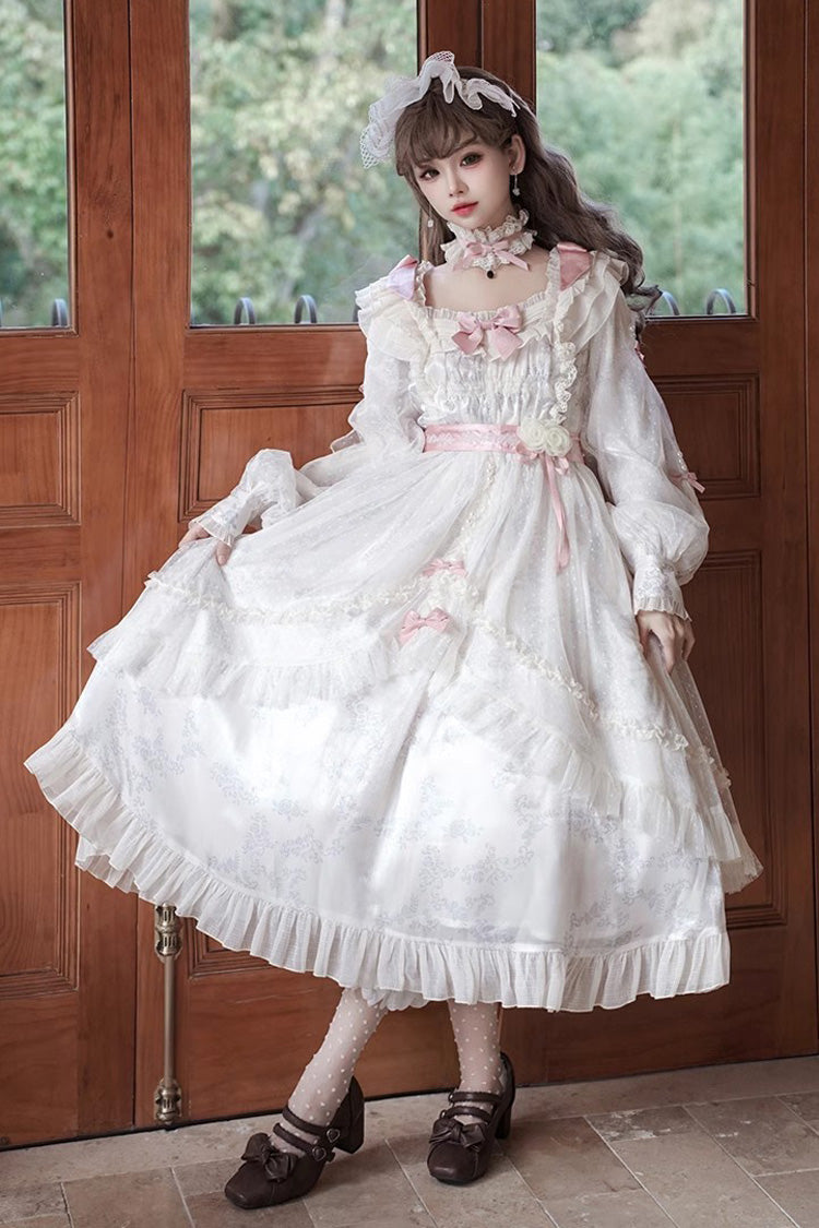 Ivory Long Sleeves Rose Print Bowknot Sweet Princess Lolita Dress