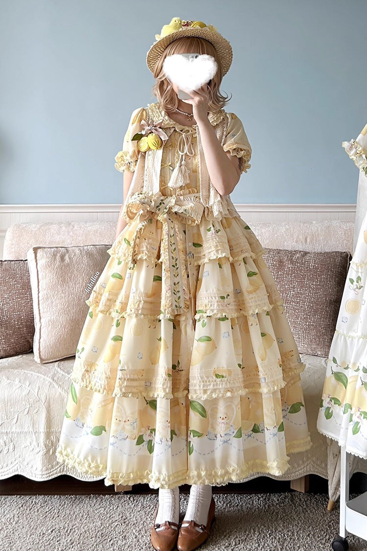 Yellow Lemon Chicken Short Sleeves Triple-Layered Print Ruffle Bowknot Lace Sweet Gorgeous Lolita Dress