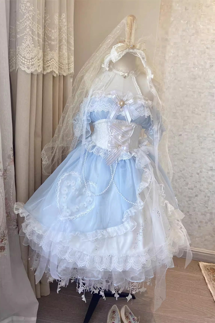 Blue/White The Little Mermaid Off Shoulder Halterneck Hanayome Bowknot Mesh Sweet Elegant Princess Lolita Dress