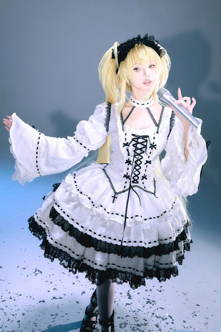White Witch Long Trumpet Sleeves Double-Layered Ruffle Bowknot Lace-Up Gothic Lolita Skirt Dress Set