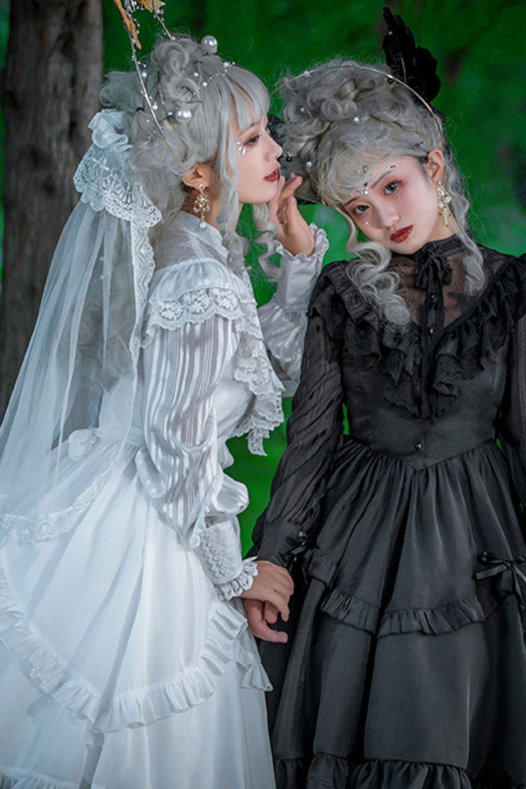 White Hollow V Neck Long Sleeves Bowknot Hanayome Ruffled Gothic Lolita Dress
