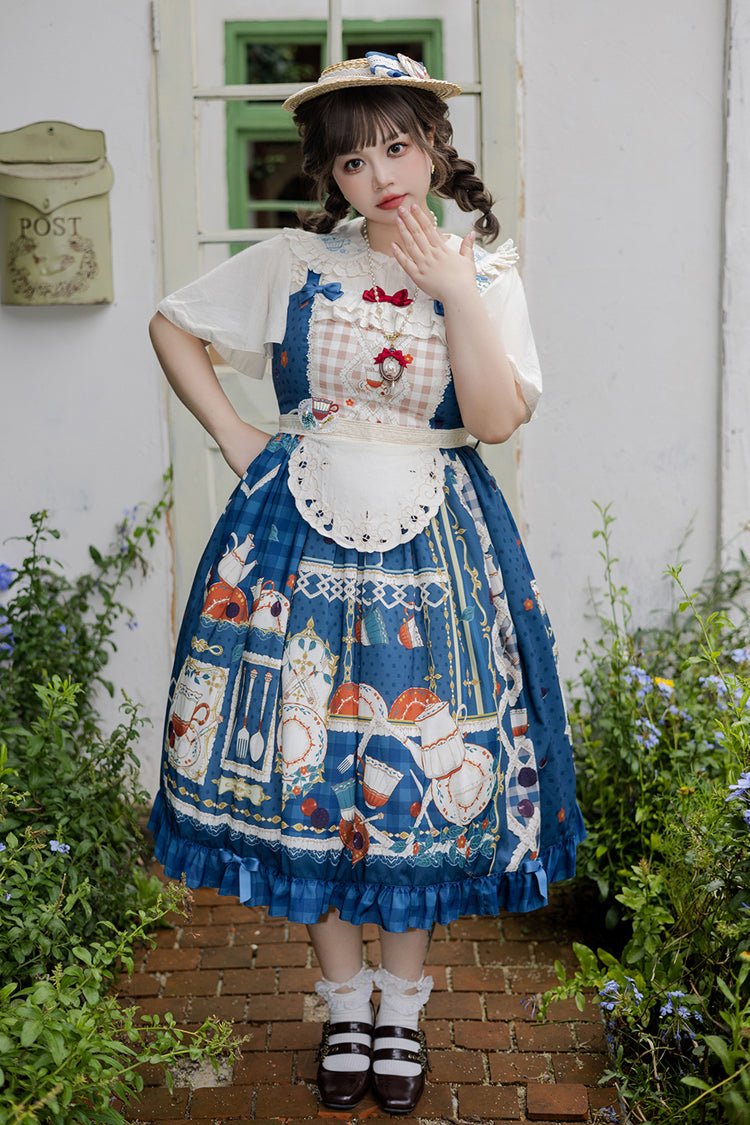 Dark Blue Tea Party Print Ruffle Bowknot Lace Sweet Elegant Lolita Jsk Dress