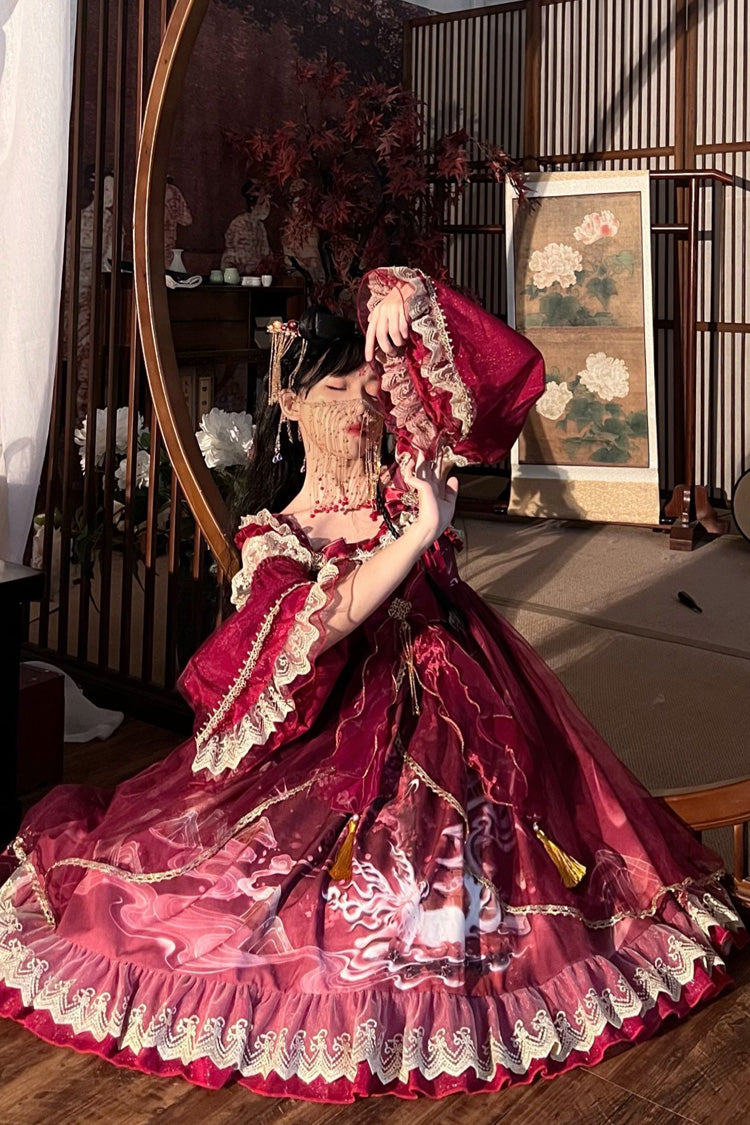 Nine-tailed fox Print Ruffle Bowknot Classic Chinese Style Princess Lolita Jsk Dress 2 Colors