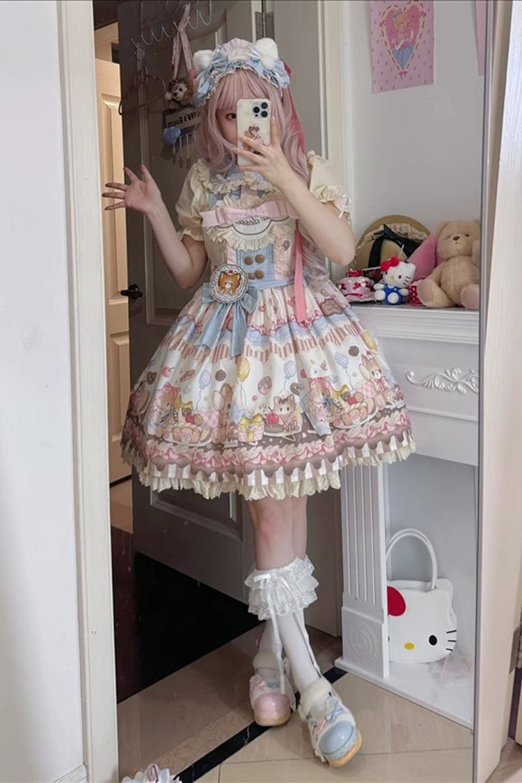 Multi-Color Sleeveless Cat Dessert Print Ruffle Bowknot Lace Sweet Japanese Lolita Strap Dress