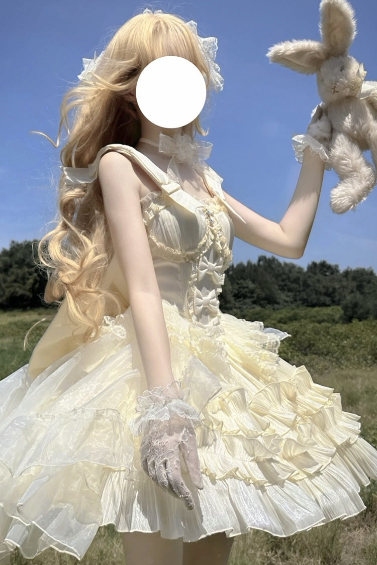 Apricot Cream Cake Sleeveless Multi-Layered Ruffle Bowknot Sweet Princess Lolita Jsk Dress Set