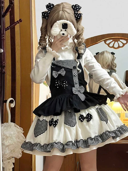 Sweet Lolita Tea Party Fashion Gingham Black Accent Bow Dress Cake Dress