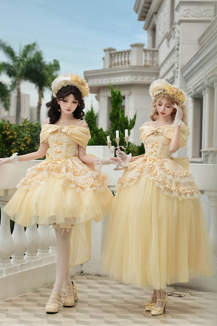 Yellow Sissi's Pilgrimage Off Shoulder Ruffle Bowknot Lace Sweet Lolita Skirt (Short Version)