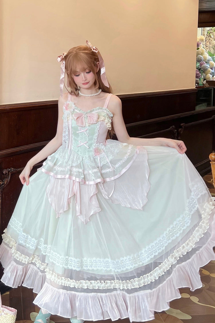 Pink/Green Summer Garden Ruffle Embroidery Bowknot Lace Sweet Lolita Jsk Long Dress