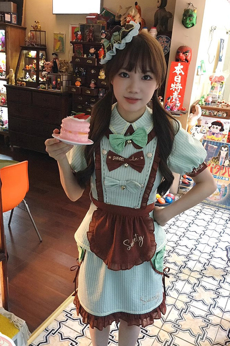 Green Sweet Soda Short Sleeves Print Ruffle Bowknot Apron Sweet Vintage Lolita Skirt Set