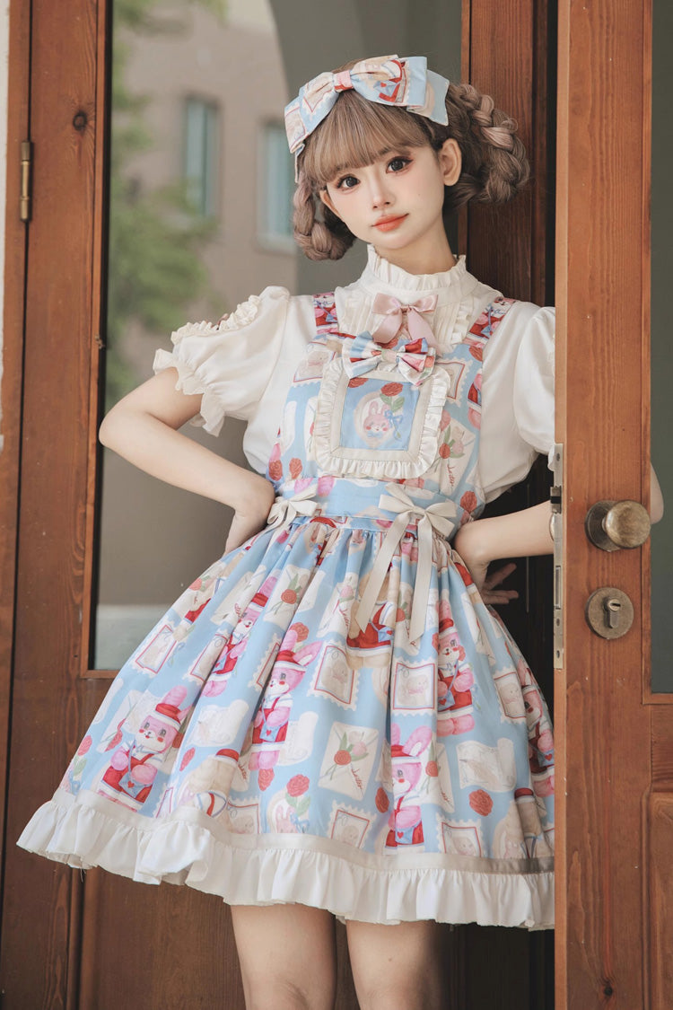 Light Blue Letter from Showa Rabbit and letter Print Ruffle Bowknot Sweet Princess Lolita Strap Dress