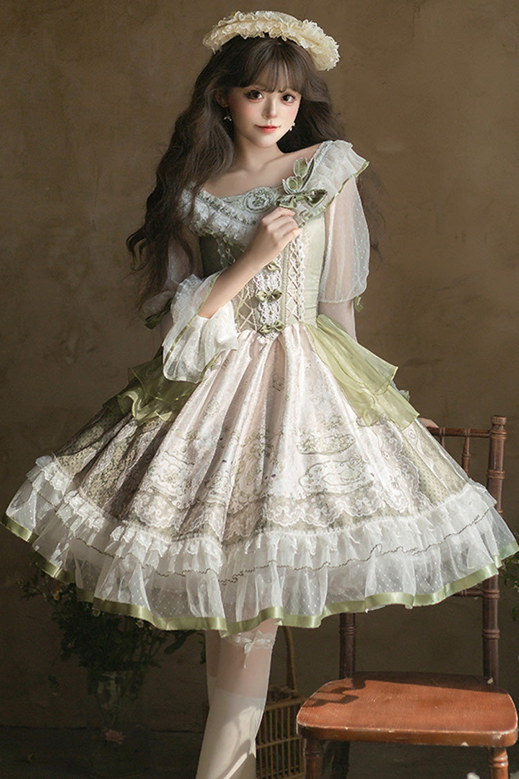 Green Teacup Rabbit Little Fresh Print Ruffle Bowknot Lace Lace-Up Sweet Lolita OP Dress