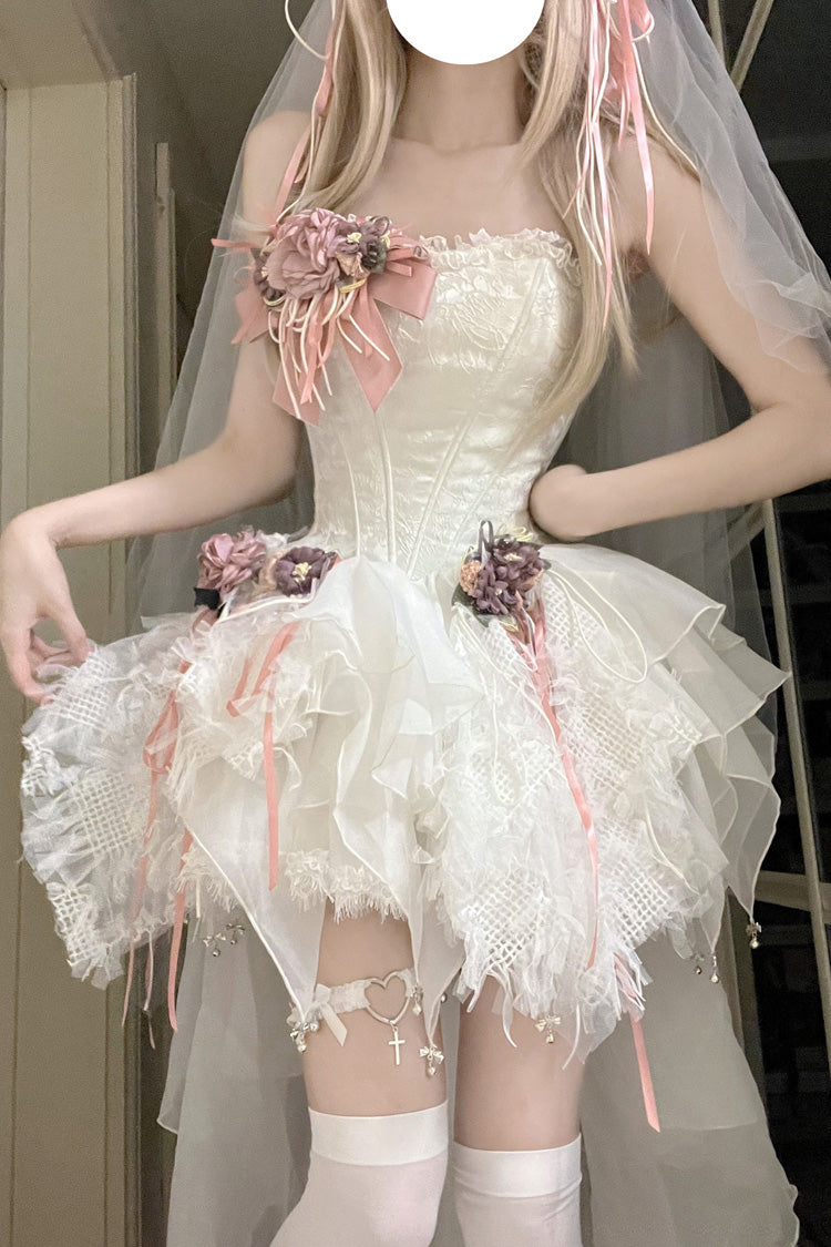 White Sleepless Poem Fishbone Bowknot Asymmetric Sweet Lolita Jsk Dress