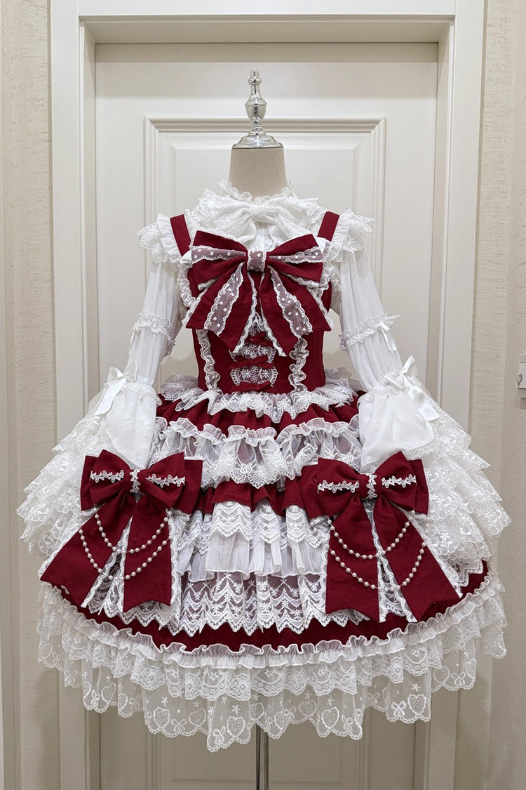 Wine Red Knot of the Crossed Heart Sleeveless Multi-Layered Ruffle Hanayome Cardigan Bowknot Lace Lace-Up Sweet Lolita Jsk Dress