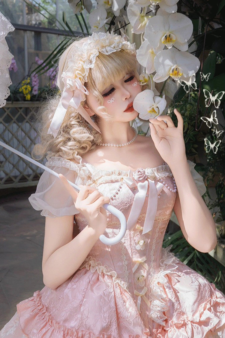 Pink Fleeting Light and Shallow Dream Sleeveless Multi-Layered Ruffle Bowknot Lace Slim Sweet Ballet Lolita Jsk Dress