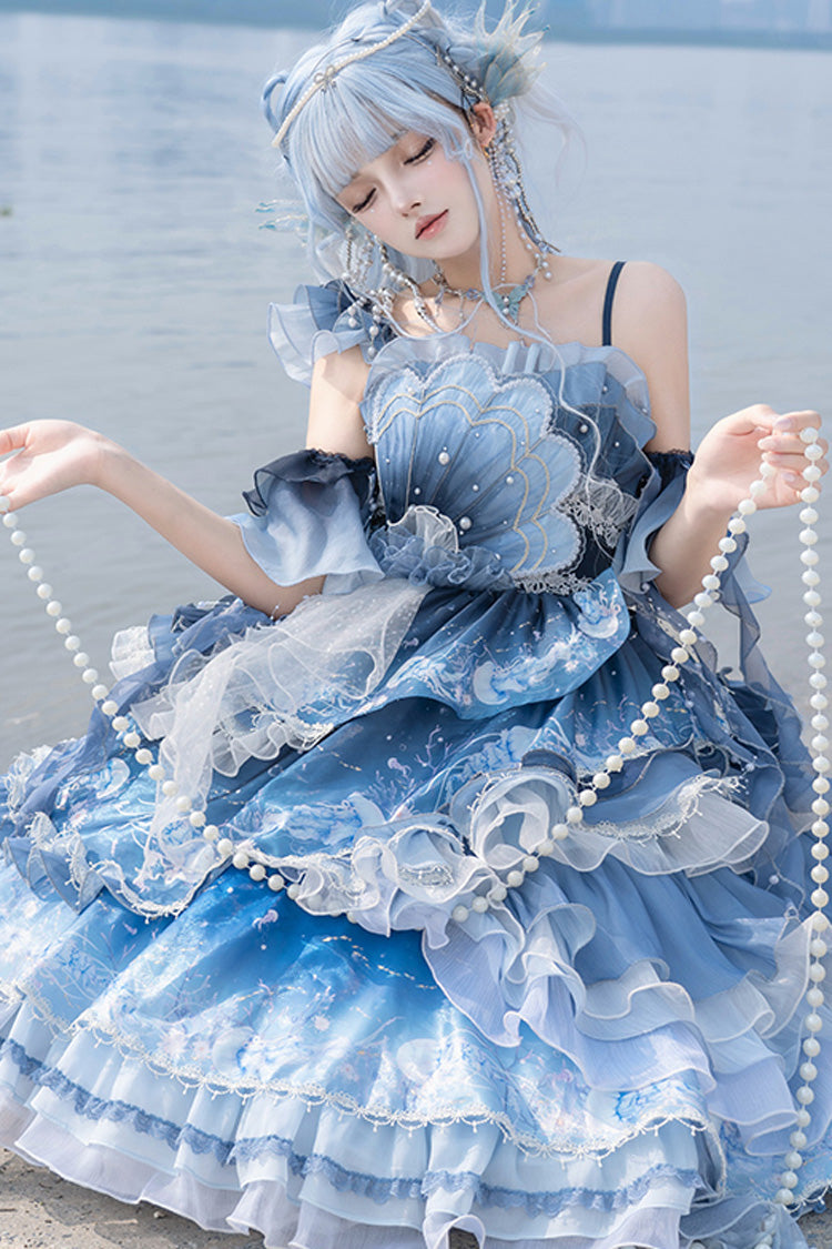 Blue Jellyfish Gradient Print Ruffle Embroidery Bowknot Lace Asymmetric Sweet Elegant Lolita Jsk Dress