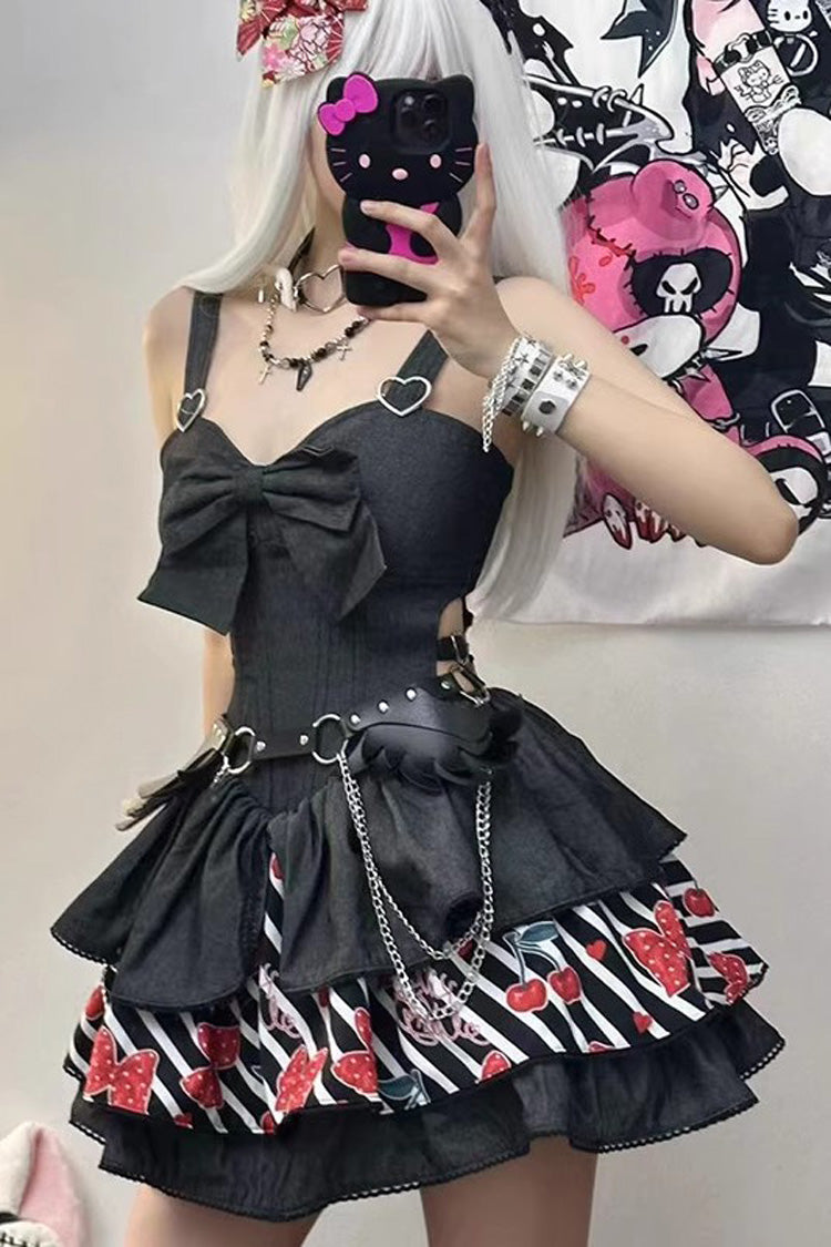 Black Cherry Sleeveless Triple-Layered Print Ruffle Bowknot Denim Sweet Japanese Vintage Lolita Jsk Dress