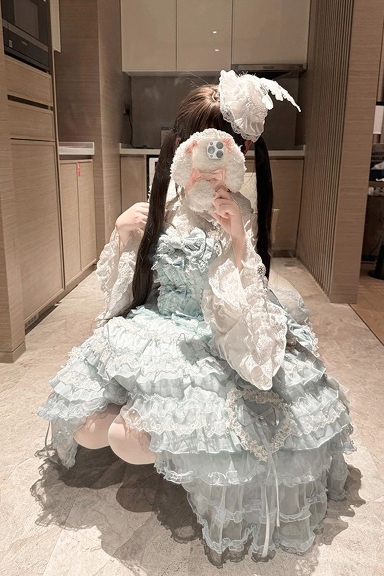 Blue Sweetheart Diary Multi-Layered Ruffle Hanayome Embroidery Bowknot Lace Sweet Lolita Jsk Dress