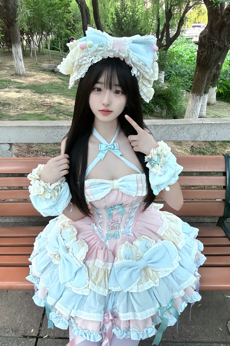 Multi-Color Ribbon Dance Multi-Layered Ruffle Bowknot Lace-Up Sweet Princess Lolita Dress