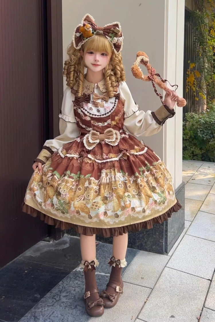 Brown Squirrel Chocolate Shop Sleeveless Printed Ruffled Bow Sweet Lolita JSK Dress with Blouse