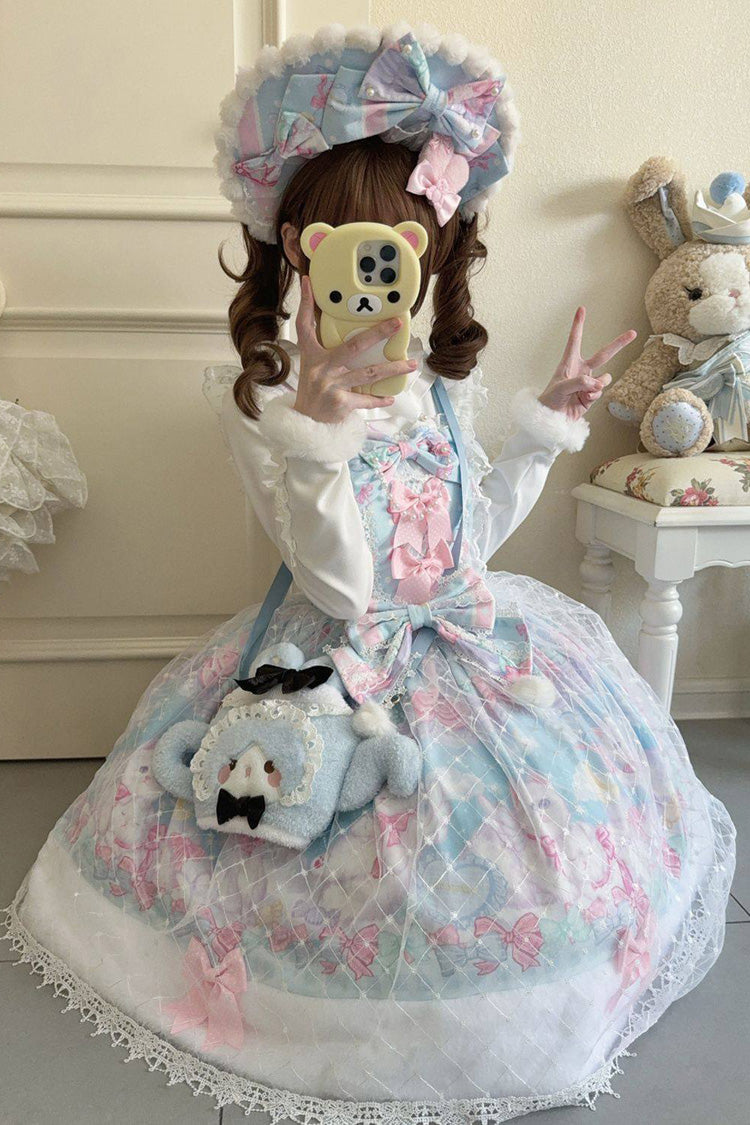 Light Blue Candy Mary Cat Printed Ruffled Embroidered Bow Lace Sweet Lolita Jsk Dress