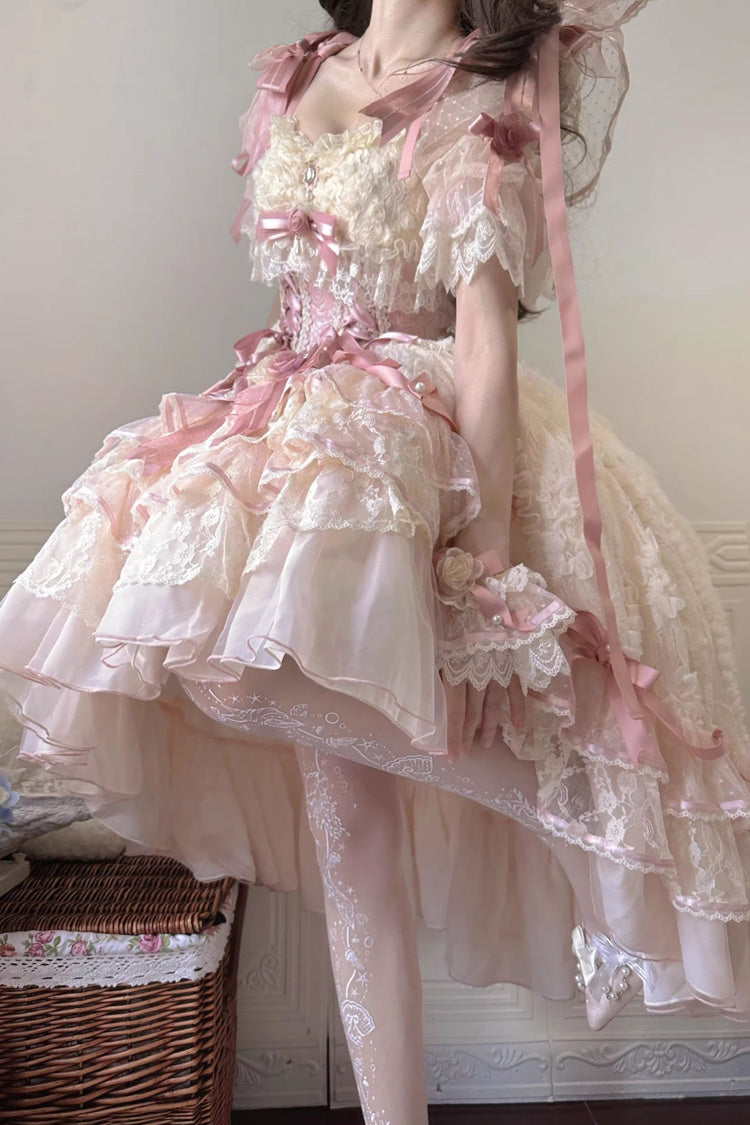 Pink Diane Rose Short Sleeves Multi-Layered Jacquard Ruffle Hanayome Cardigan Bowknot Lace Sweet Lolita Dress