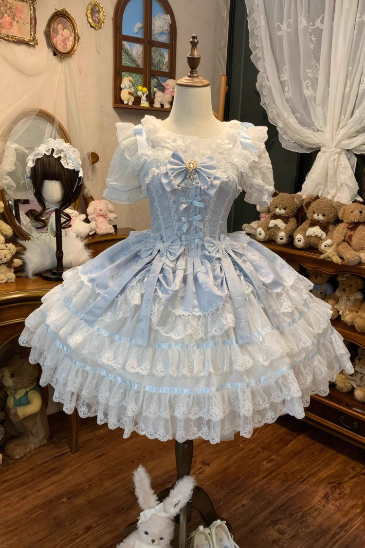 Blue Snow Kissed Romance Sleeveless High Waisted Multi-Layered Bowknot Lace Pearl Sweet Ballet Lolita Jsk Dress