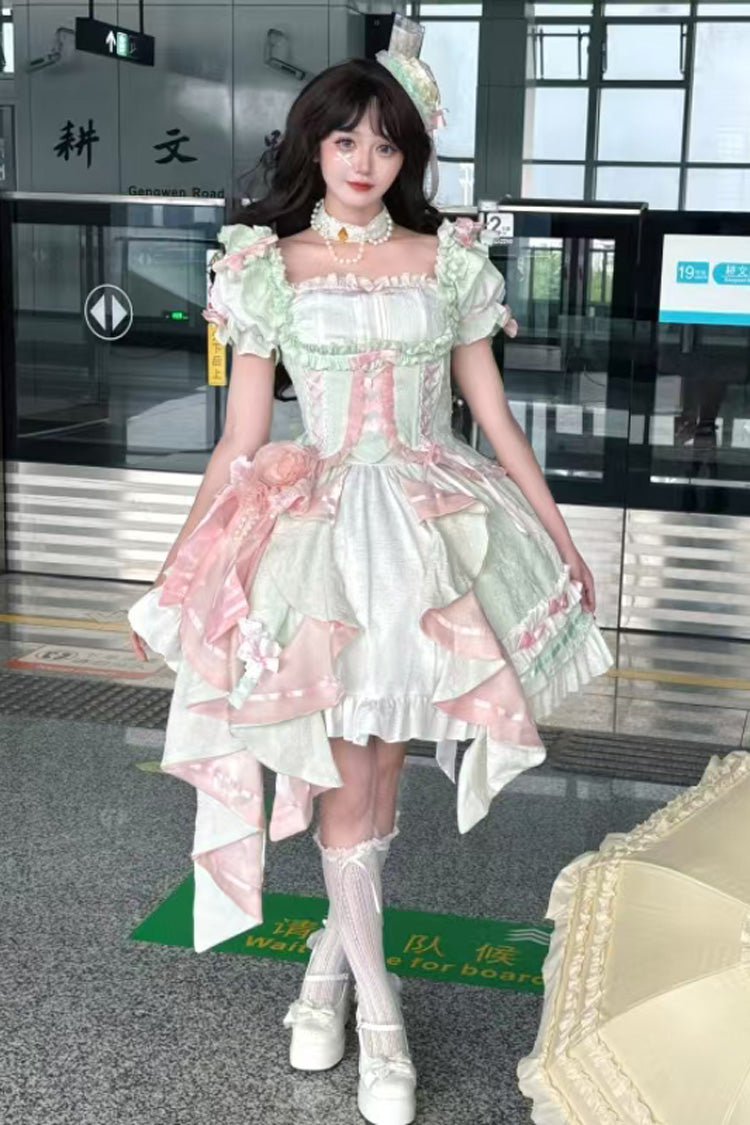 Spring Overture Square Collar Short Sleeves Ruffle Cardigan Bowknot Lace Sweet Elegant Lolita Skirt Set 4 Colors