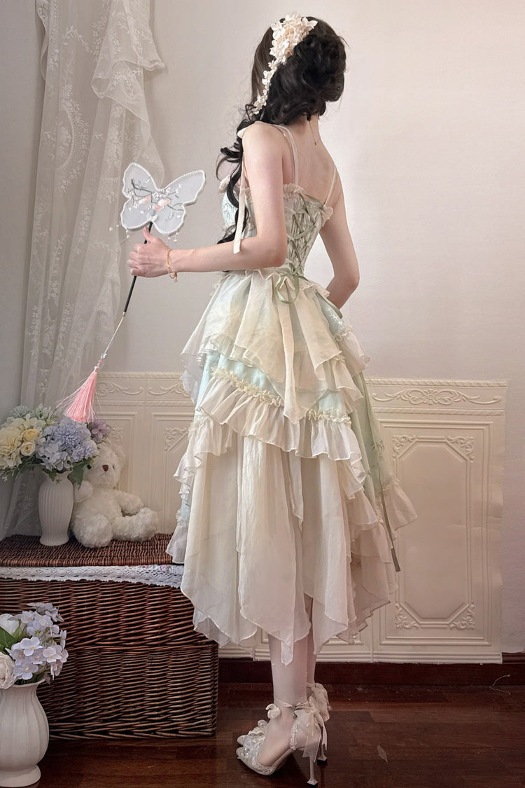 Green Tea Bamboo Song Sleeveless Jacquard Ruffle Bowknot Lace Irregular Sweet Chinese Style Ballet Lolita Jsk Dress Long Version Set