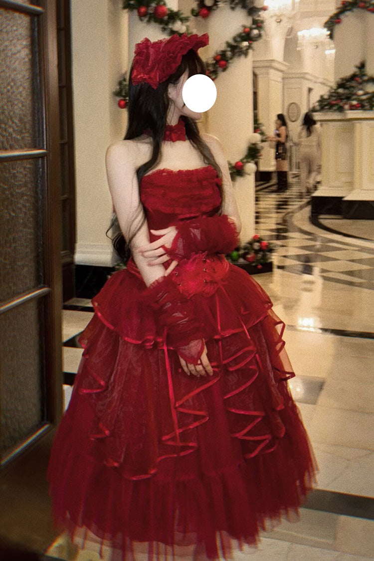 Red The Summer Waves Sparkle Square Collar Sleeveless Multi-Layered Ruffled Bow Lace-Up Slim Classic Lolita Skirt Set