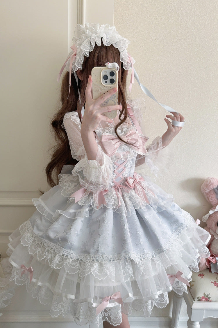 Blue Fleishi Island Sleeveless Ruffle Bowknot Lace Slim Sweet Ballet Lolita Jsk Dress