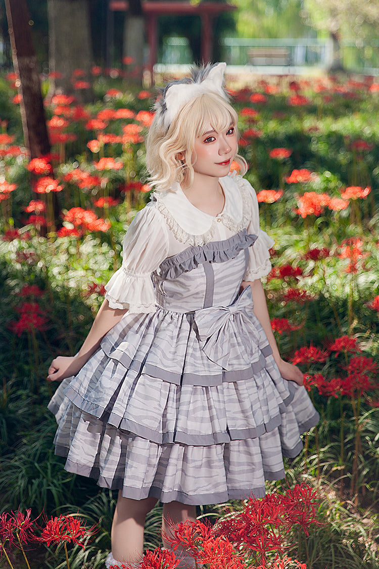 Grey Cloth Cat Triple-Layered Print Ruffle Bowknot Sweet Lolita Dress
