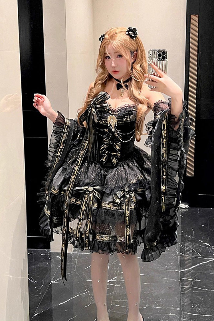 Black Golden Obsidian Night Sleeveless Double-Layered Ruffle Bowknot Pearl Gothic Princess Lolita Dress