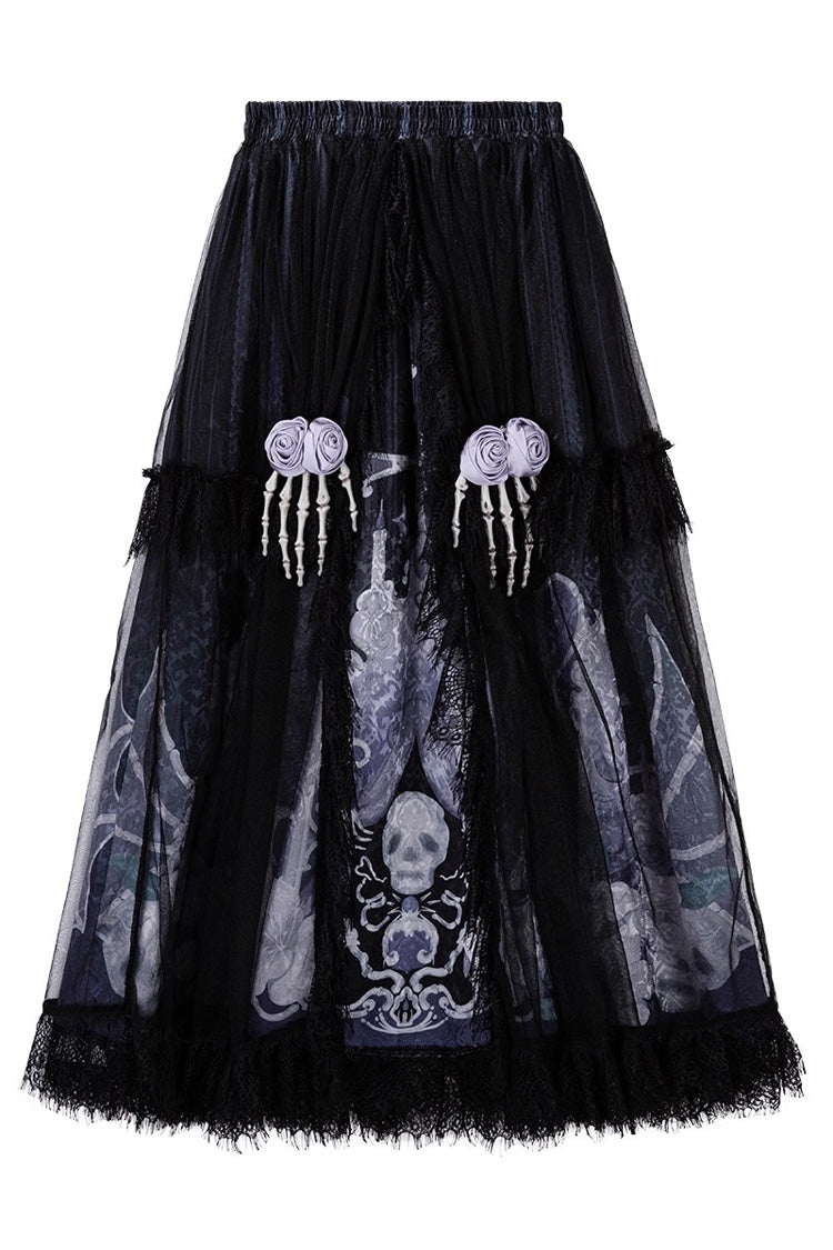 Black/Blue Skull Magic Print Ruffle Bowknot Gothic Elegant Lolita Skirt Two-Piece Set