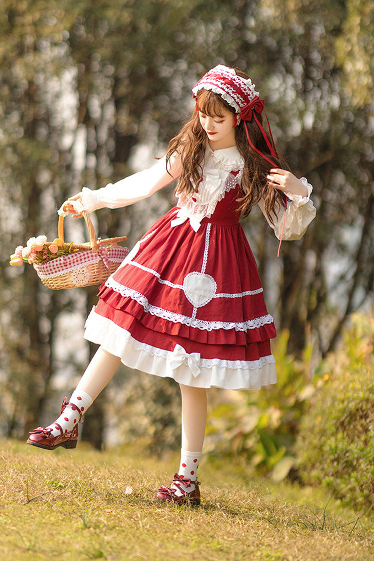 Wine Red Lace Stitching High Waisted Bowknot Ruffled Sweet Lolita Jsk Dress