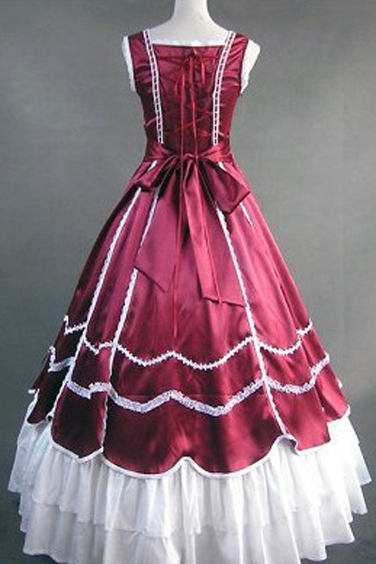 Wine Red Cotton Square Collar Sleeveless Floor Length Multi-Layer Pleats Victorian Gothic Lolita Dress