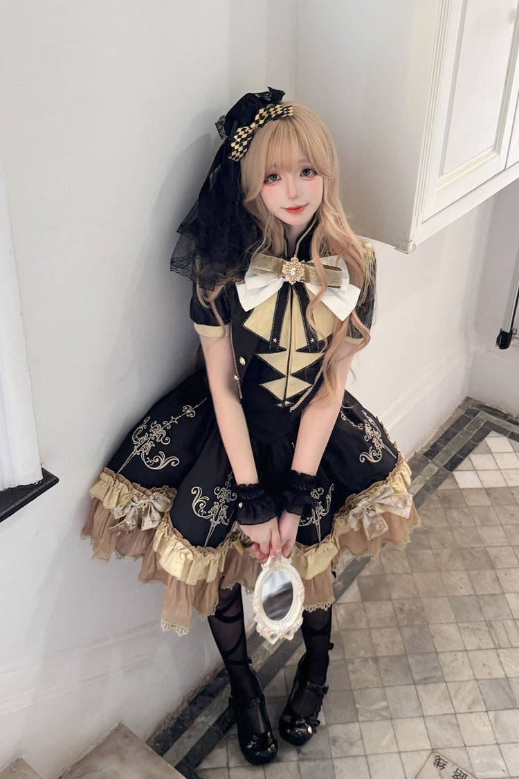 Black Gilded Oath Short Sleeves Double-Layered Ruffle Embroidery Bowknot Gothic Lolita Dress