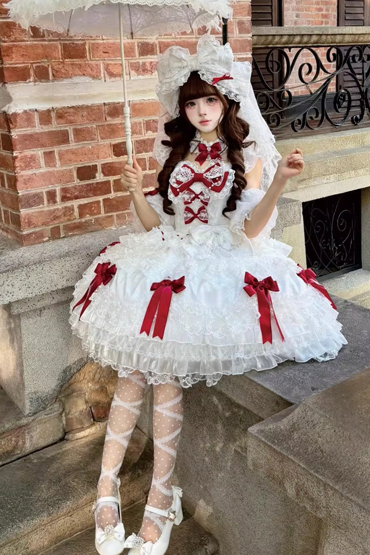 White Dream of the Misty Moon Sleeveless Multi-Layered Ruffled Bow Lace Pearl-Decorated Sweet Princess Lolita Jsk Dress