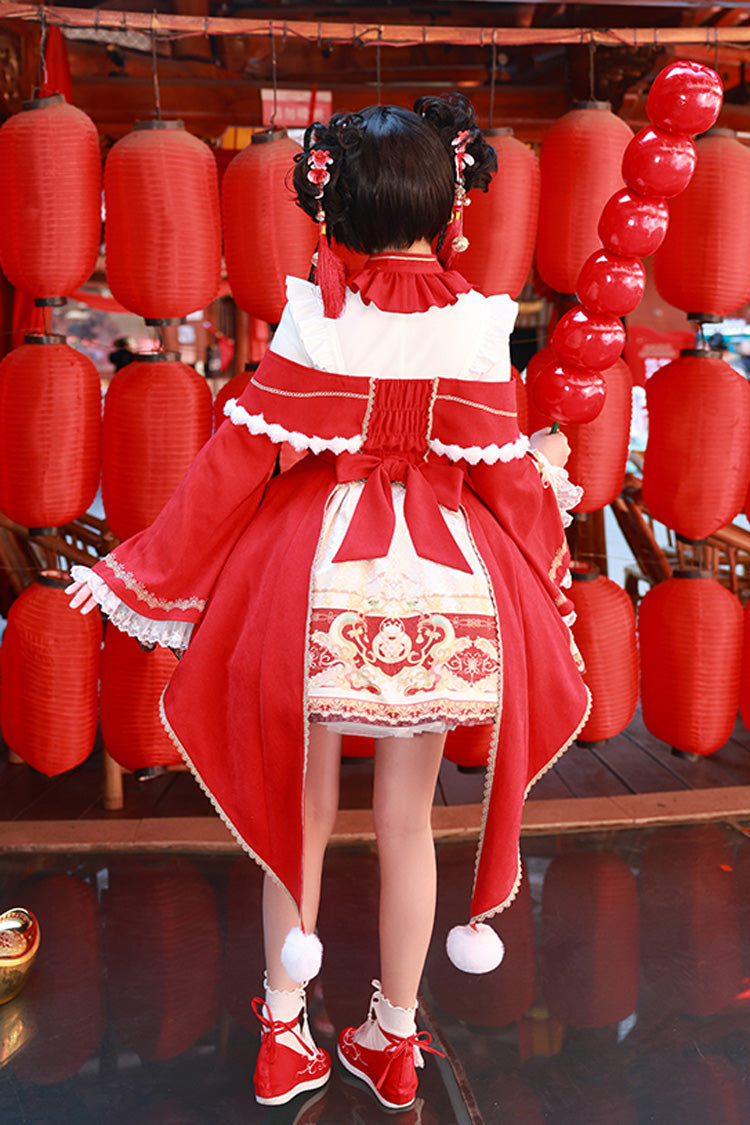 Red New Year Print Ruffle Bowknot Lace-Up Sweet Chinese Style Lolita Jsk Dress